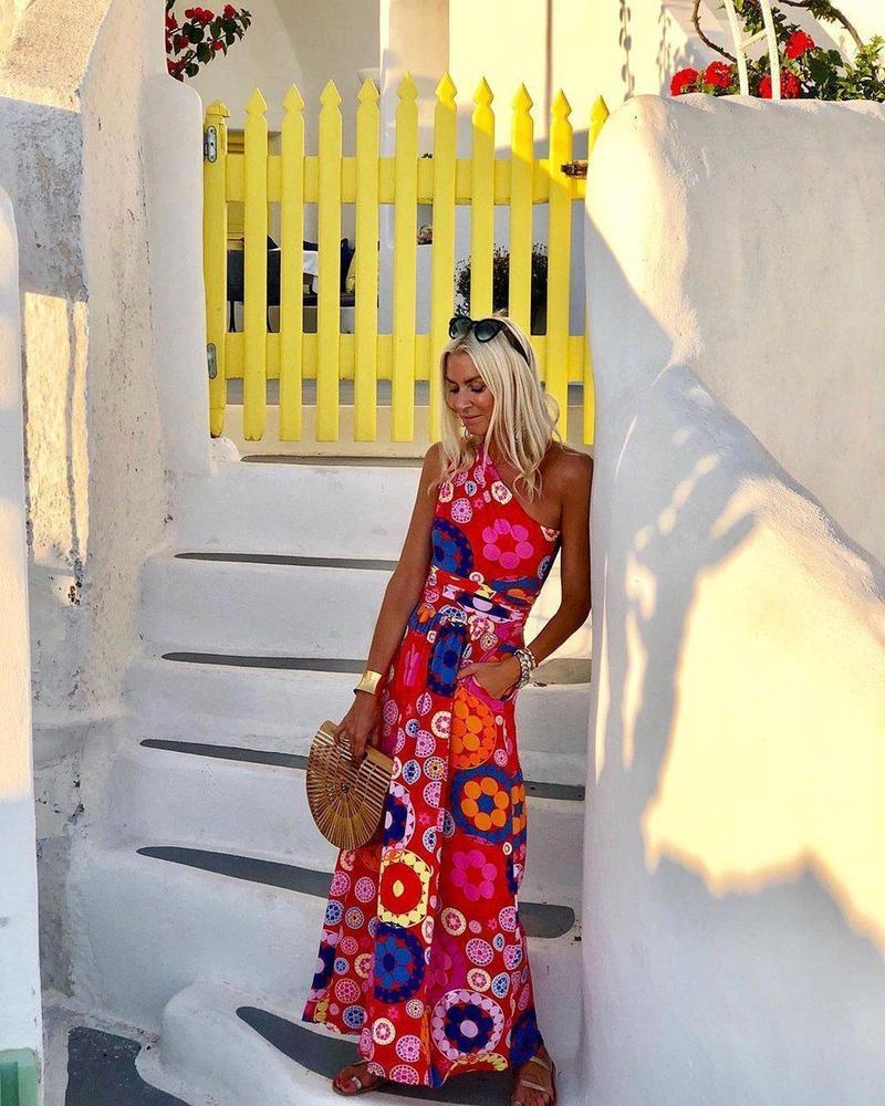 Fashion Floral Printed One Shoulder Maxi Dress-vocosishoes