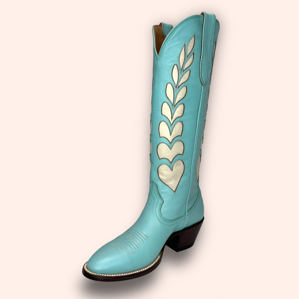 Turquoise & Ivory Heart Inlay Round Toe Cowgirl Boots with Chunky Heel Nicepairs