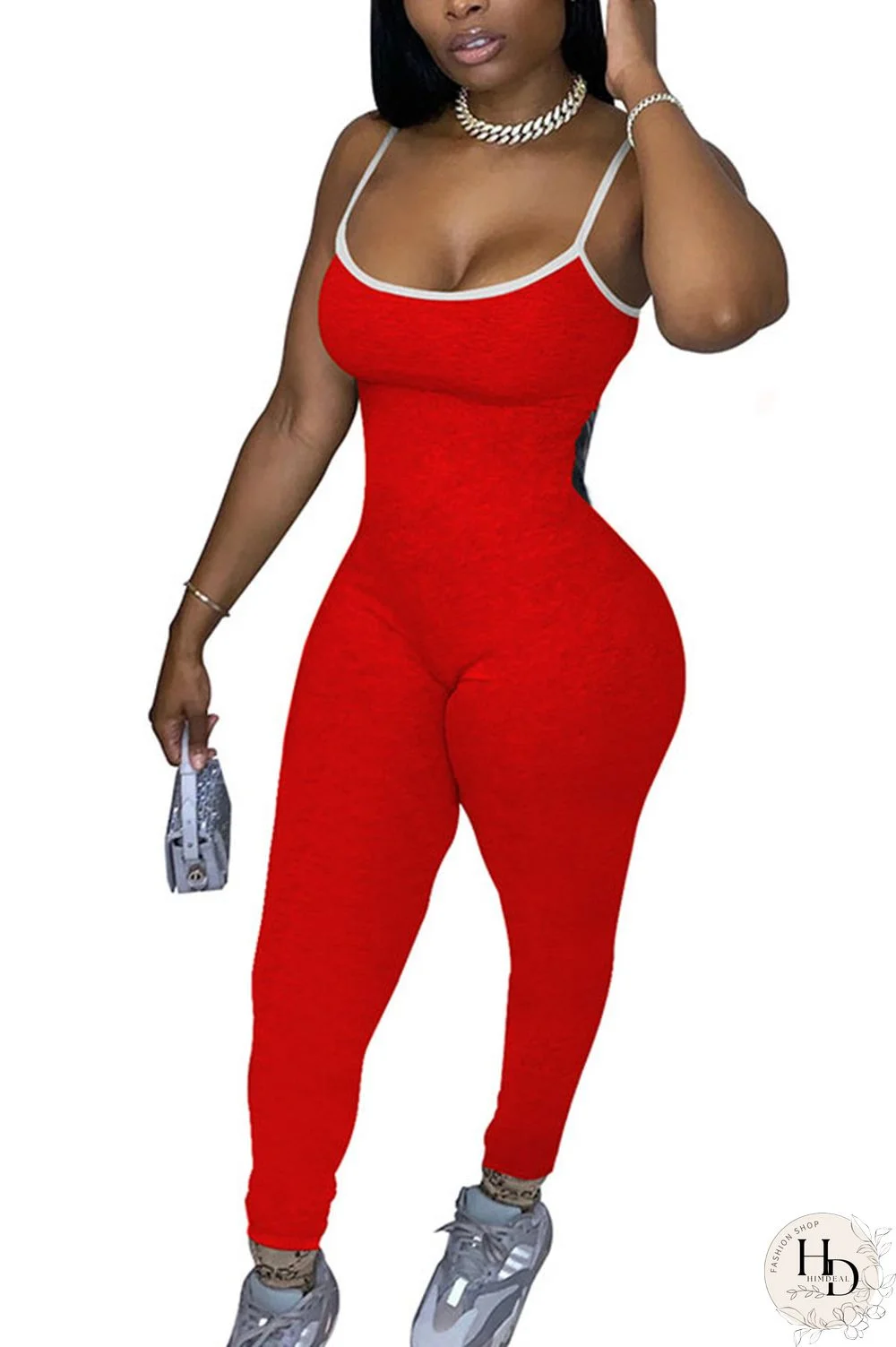 Black Fashion Sexy Solid Polyester Sleeveless Slip Jumpsuits