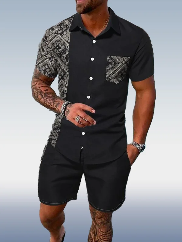 Suitmens Men's Hawaiian Print Short Sleeve Shirt Set 019