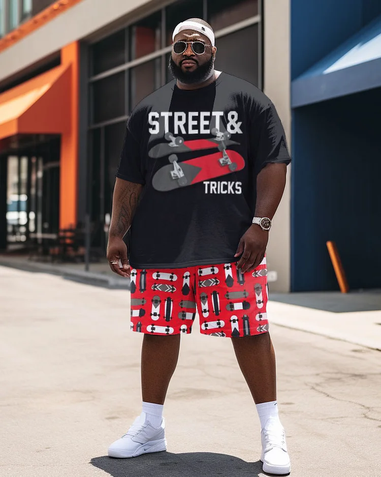 Men's Large Size Street Skateboard Graffiti Short Sleeve Shorts Set