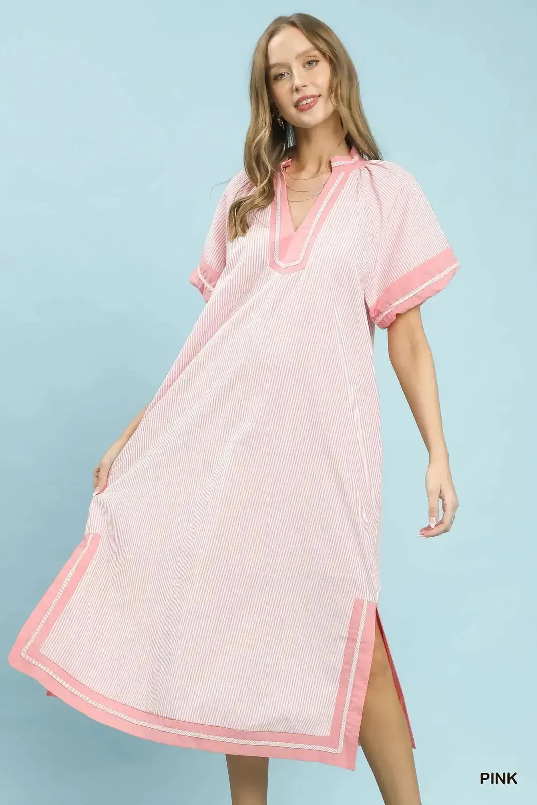 Umgee Pinstripe Contrast Trim Midi Dress mysite idetrend