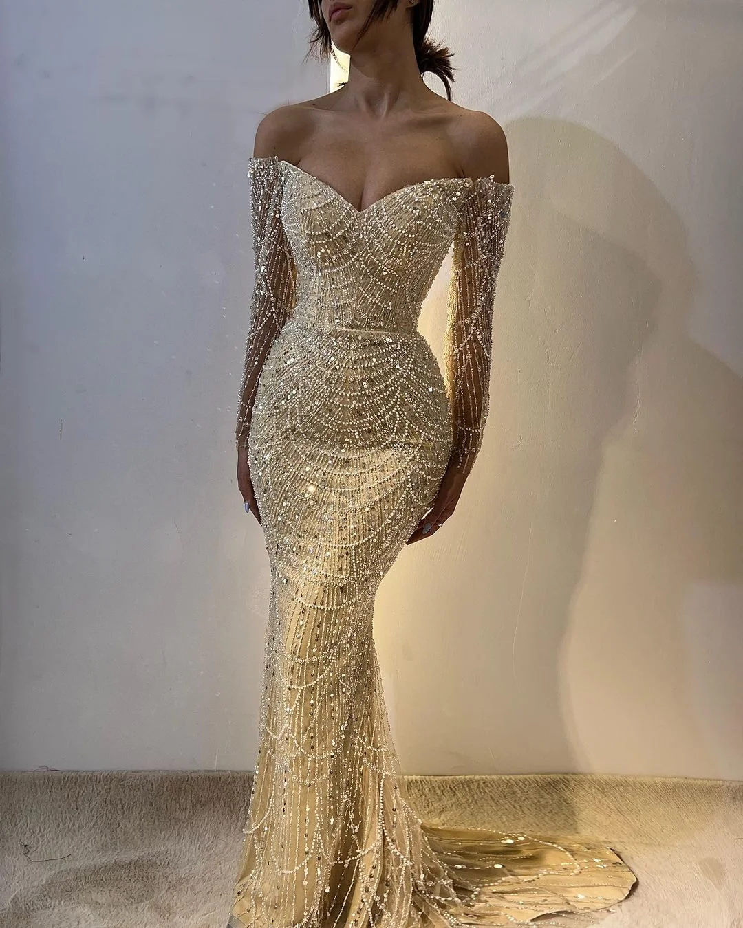 Lisliy Champagne Luxurious Strapless Beaded Mermaid Prom Dress With Long Sleeves 