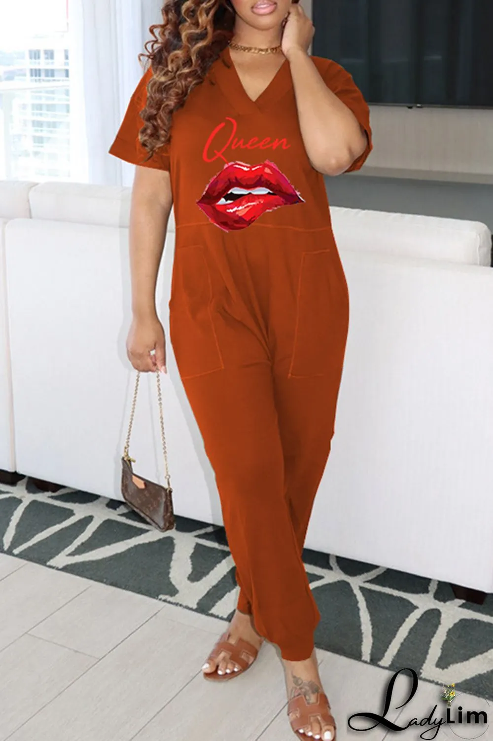 Deep Blue Fashion Casual Print Basic V Neck Regular Jumpsuits
