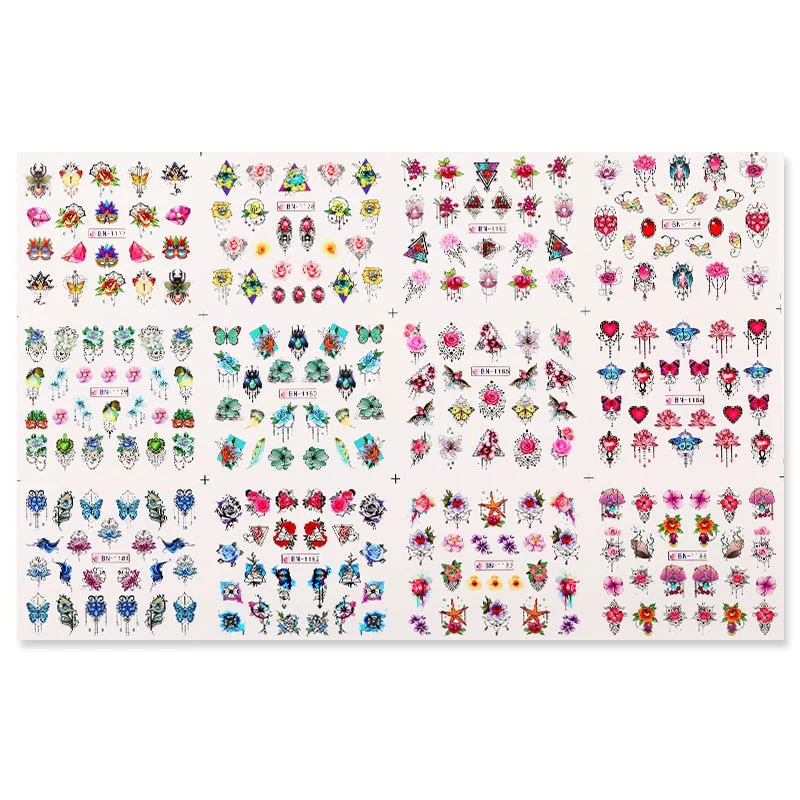12Pcs Leaves Flowers Design Water Decals Stickers For for Nails Inscriptions Nail Art Decoration Tips-Nail Inspo