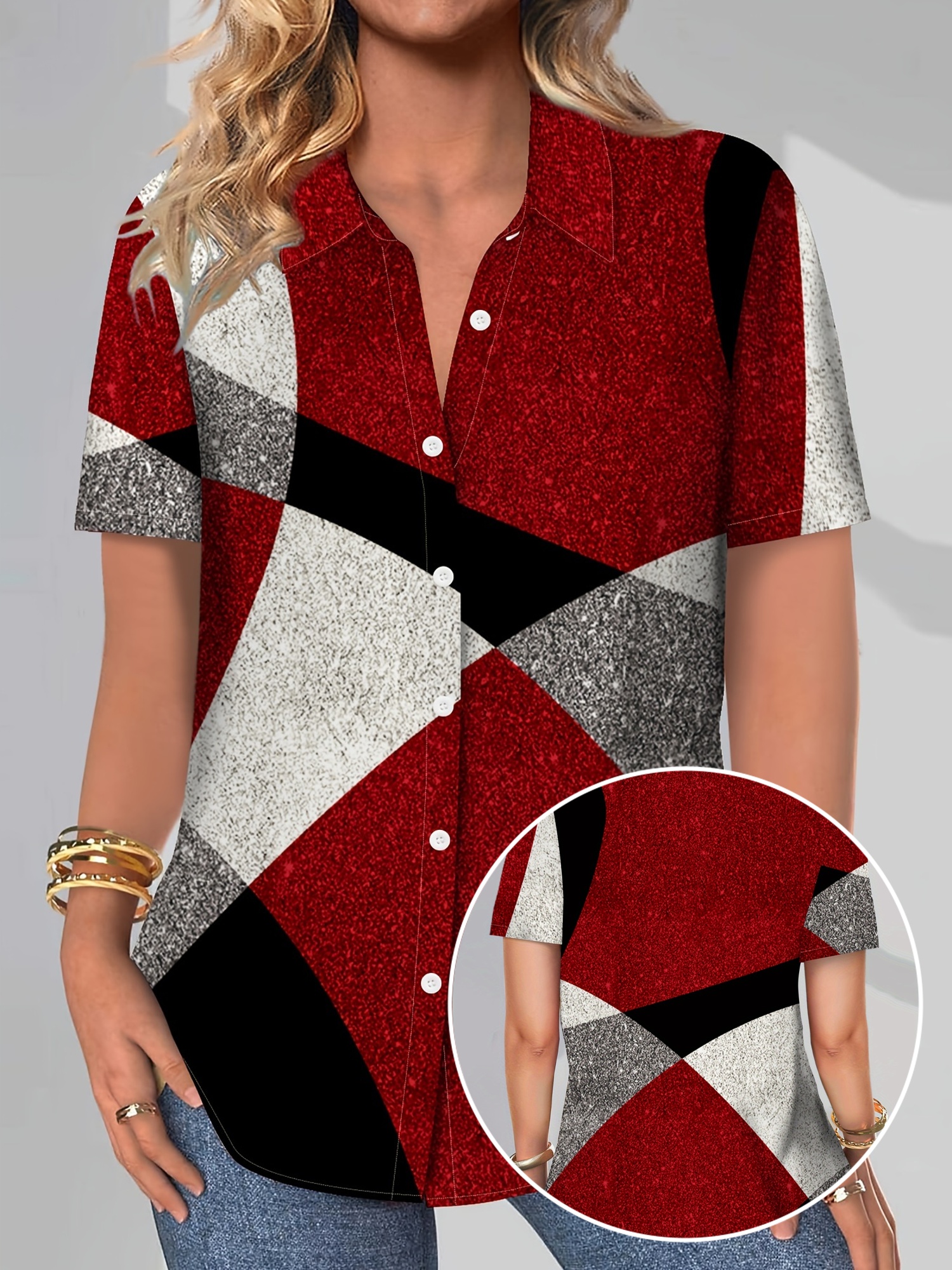 Women's Casual Short Sleeve Shirt - Geometric Color Block Print With Red Glitter Accents, Button-Up Collar, Machine Washable All-Season Top For Casual Attire, Short Sleeve Blouse | IFYHOME