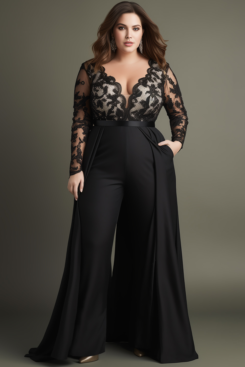 Flycurvy Plus Size Wedding Guest Black Lace Deep V Neck Long Sleeve Pocket Jumpsuit