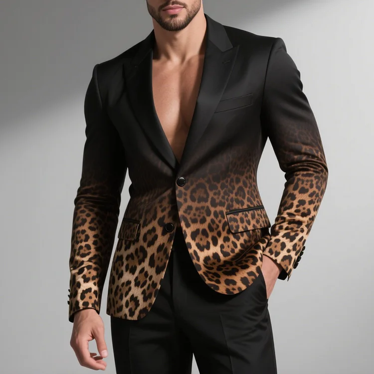 Okaywear Gradient Leopard Peaked Lapel Two Button Long Sleeve Blazer Okaywear