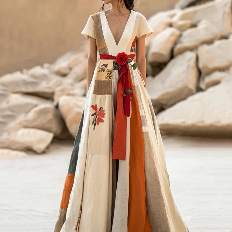 Women's Vintage Floral Art Cotton Linen Maxi Dress