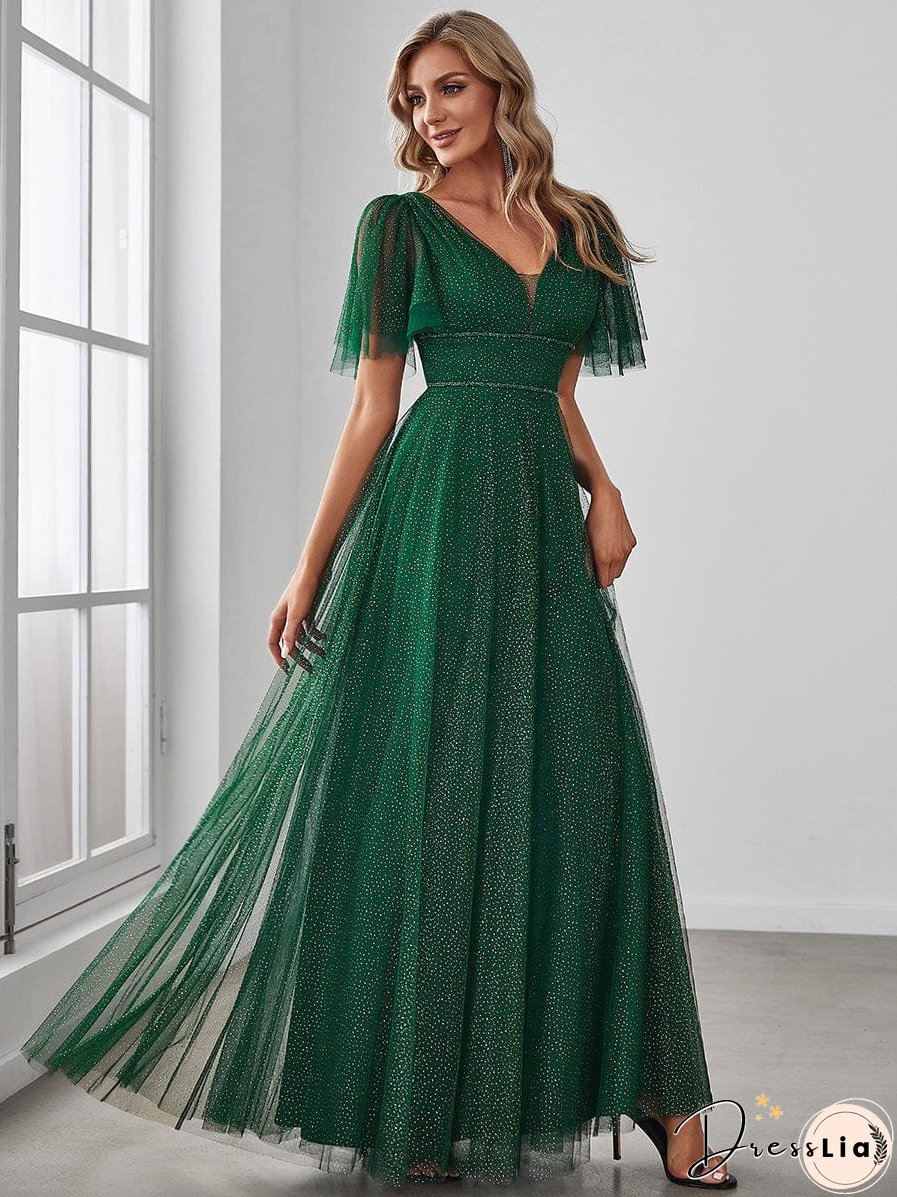 Elegant Golden Stamped Ruffle Sleeve Evening Gown