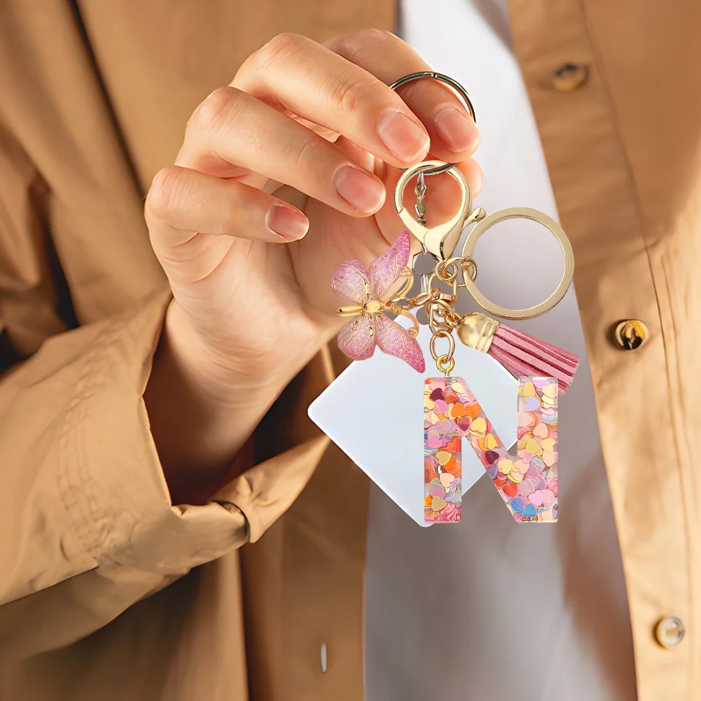 Resin Initial Letter Keychains Alphabet Letter Keychain Pink Tassel Butterfly Key Ring