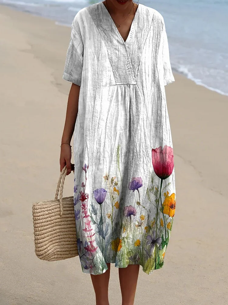 Women's Vintage Floral Watercolor Art Print Casual Flowy Dress