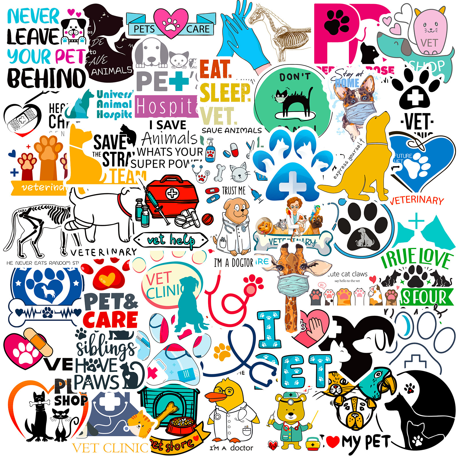 Veterinary English Sticker Pack - 50pc Cartoon Vet Decals for Pet Hospitals