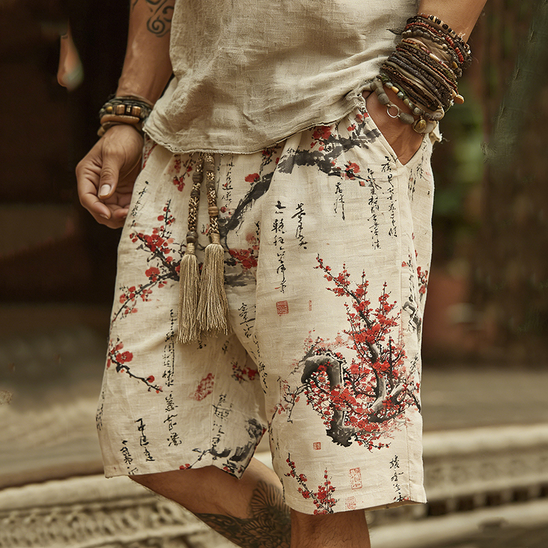 Men's Vintage Japanese Cherry Blossom Art Print Linen Blend Shorts  artssus