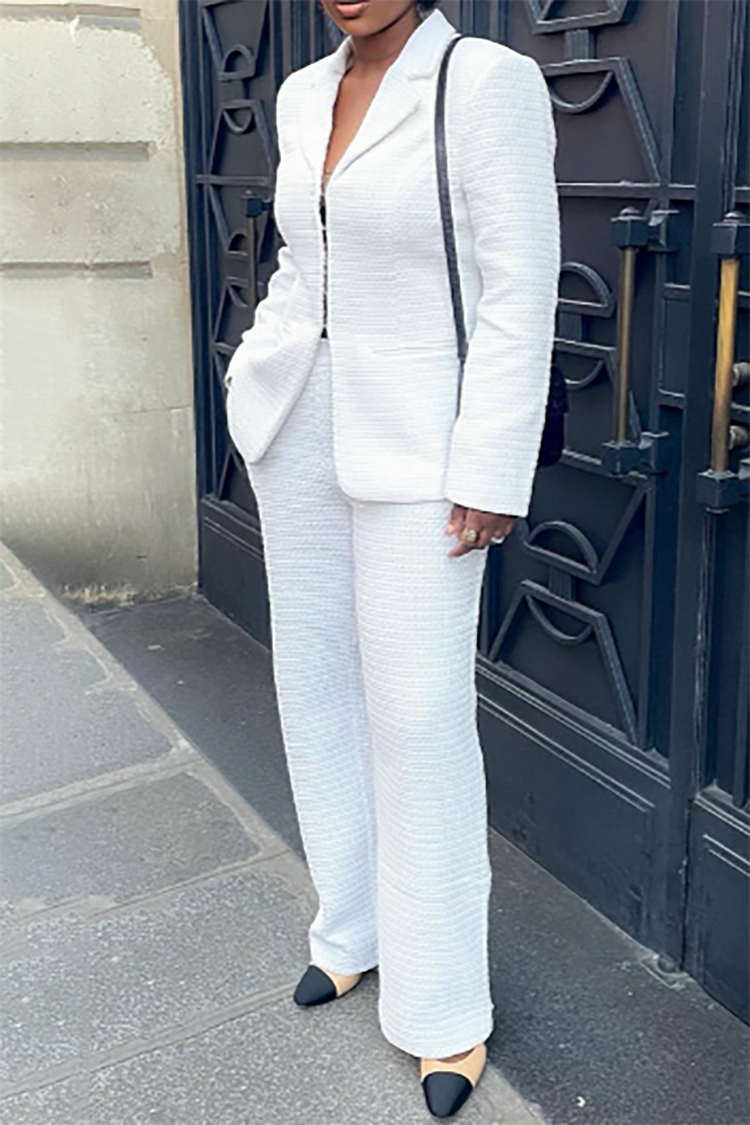 Plus Size Semi Formal Pant Sets Elegant White Fall Winter Turndown Collar Long Sleeve Zipper Cotton Blazer Suit Two Piece Pant Sets With Pocket [Pre-Order]