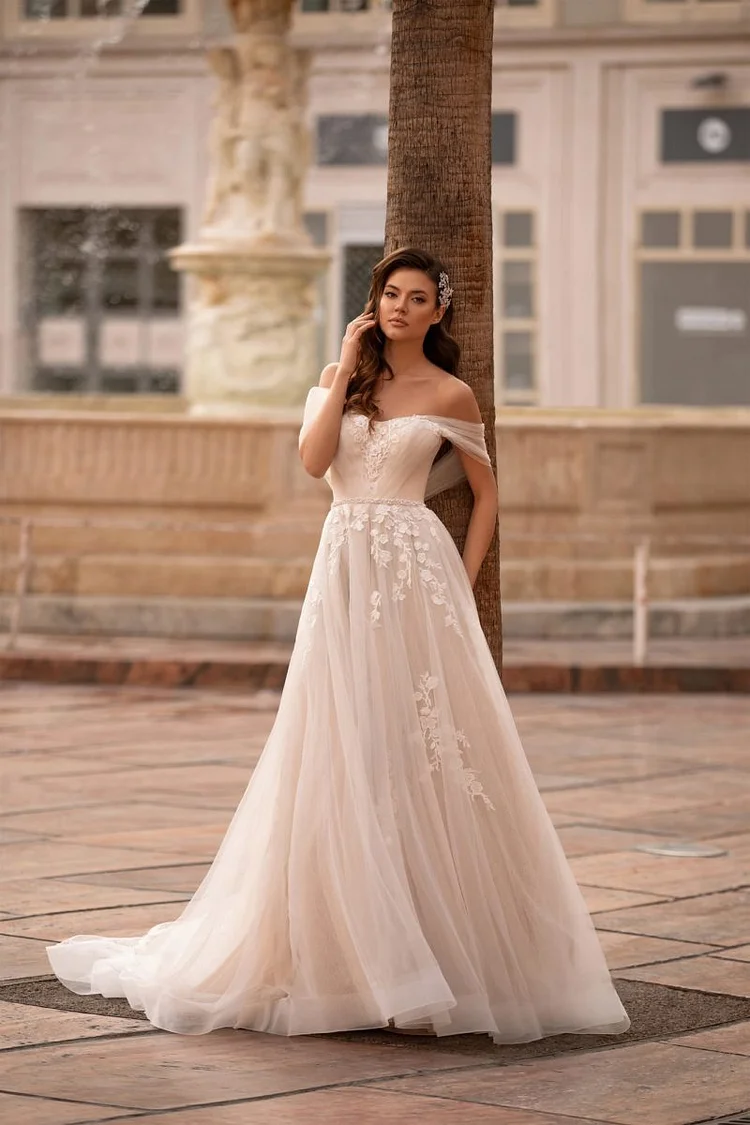 Hot Sell Champagne Wedding Dress Lace Off Shoulder Vintage vestido de noi Belt Boho Bridal Dresses 2023 robe de mariée