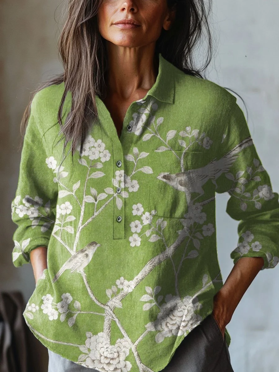 Women's Floral Art  Print Casual Cotton And Linen Shirt