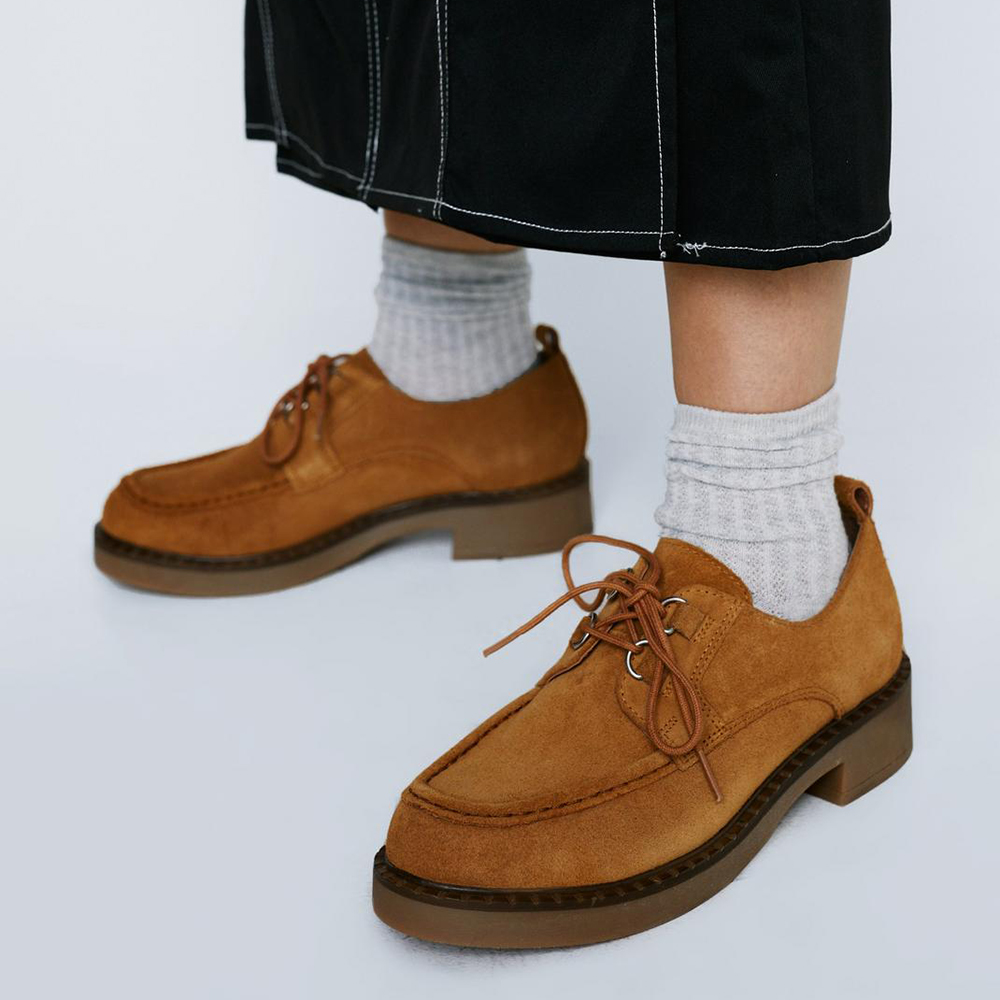 Casual Brown Vegan Suede Round Toe Lace Up Loafer Shoes Women Nicepairs