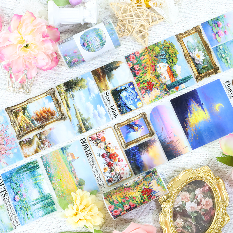 PET 테이프 - 80mm*200cm 빈티지 꽃 산 풍경화