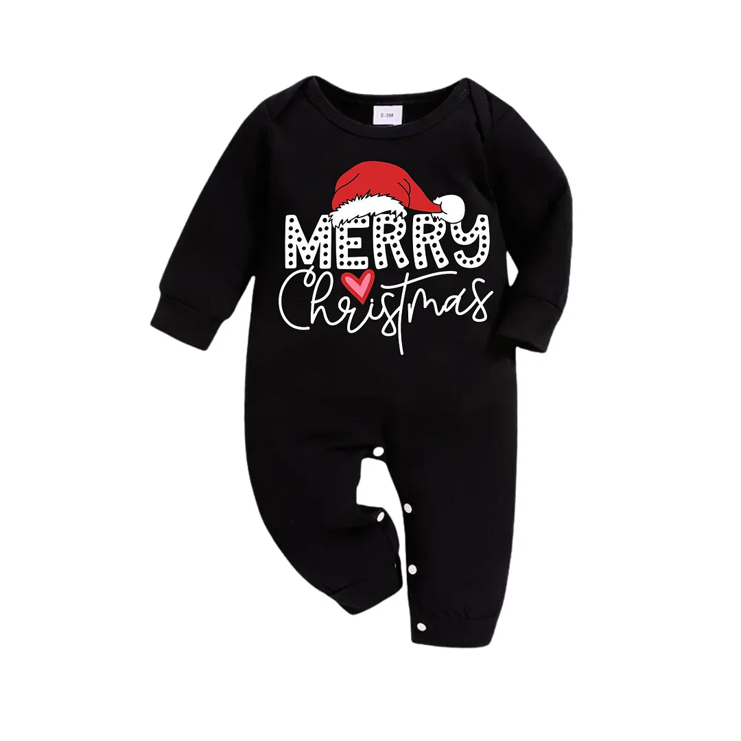 Red Santa Hat "Merry Christmas" Letter Print Black Long Sleeves Top with Black and Green Plaid Pants Family Matching Pajamas with Dogs