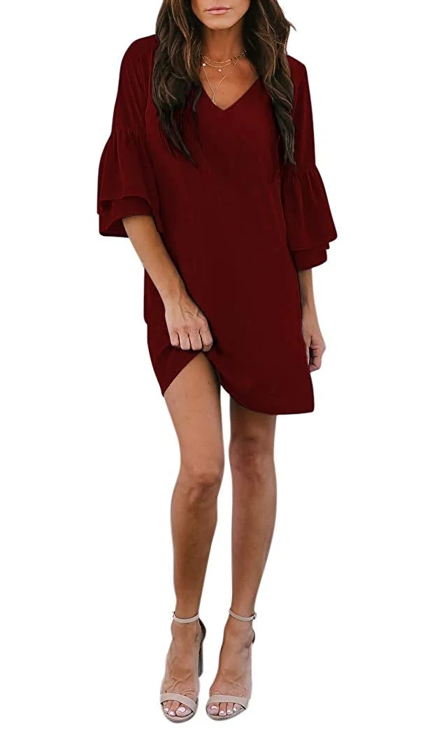 Women's Dress Sweet & Cute V-Neck Bell Sleeve Shift Dress Mini Dress