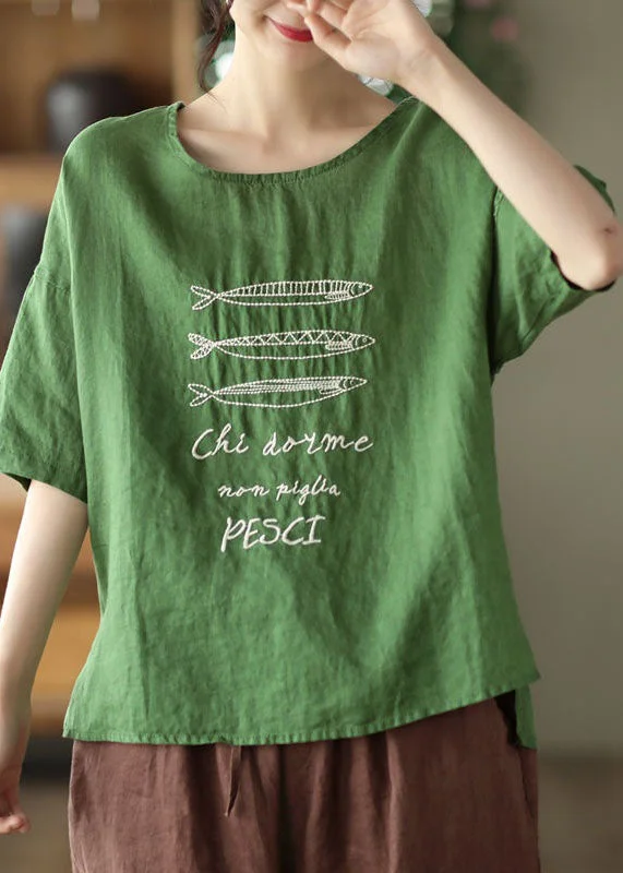Green Patchwork Linen Blouse Top Embroideried Summer