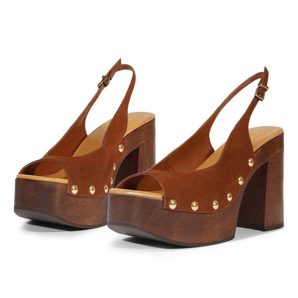 Brown Studded Block Heel Slingback Platform Sandals for Women