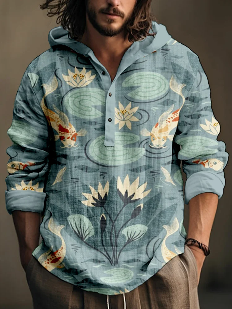 Water Lilies and Koi Fish Linen Blend Cozy Hooded Shirt