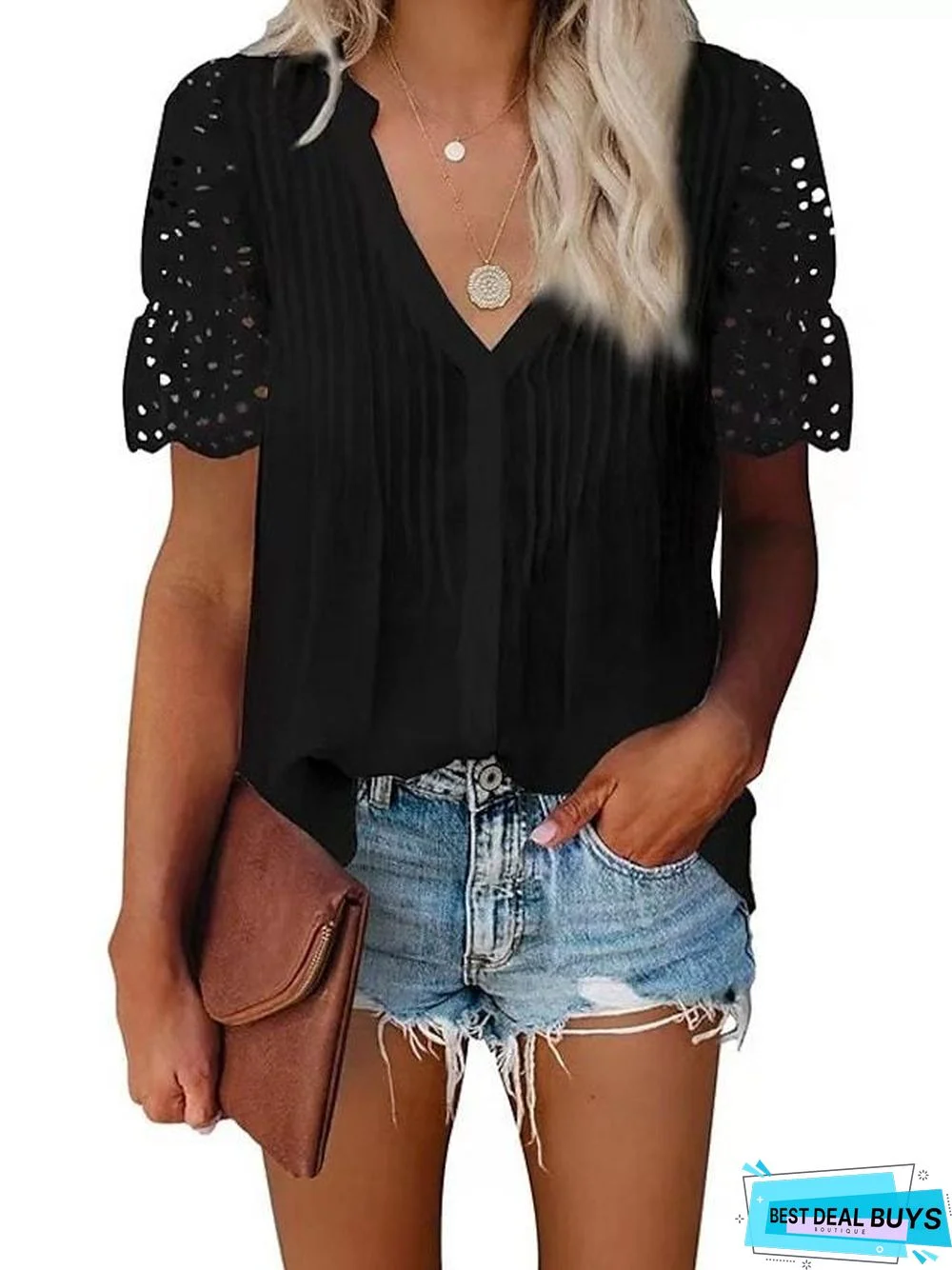 Women's Going Out Blouse Plain Lace Patchwork V Neck Tops Elegant Casual Basic Top White Black Blue