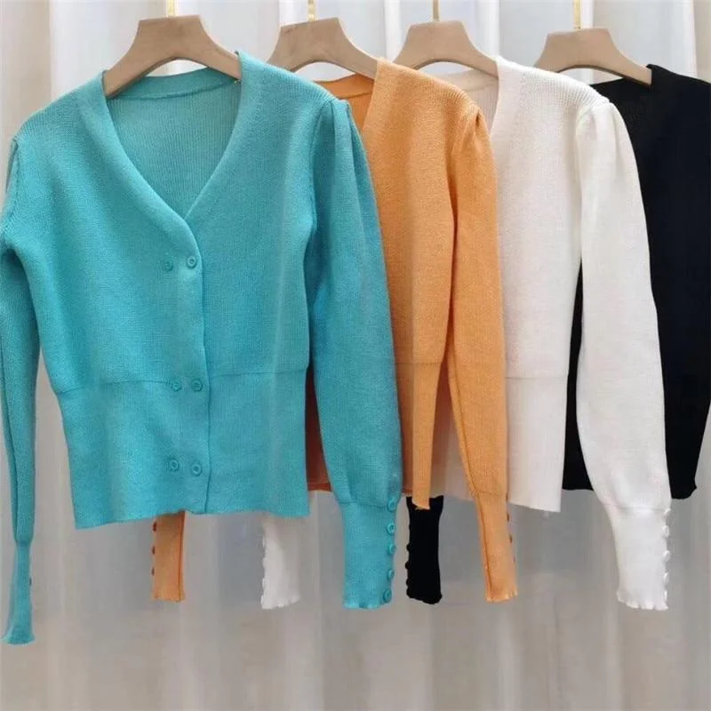 ABEBEY-Korean Style Blue Knitted Cardigan Sweater Women Elegant Puff Long Sleeve V-neck Slim Short  Knitwear Jacket  New Clothing