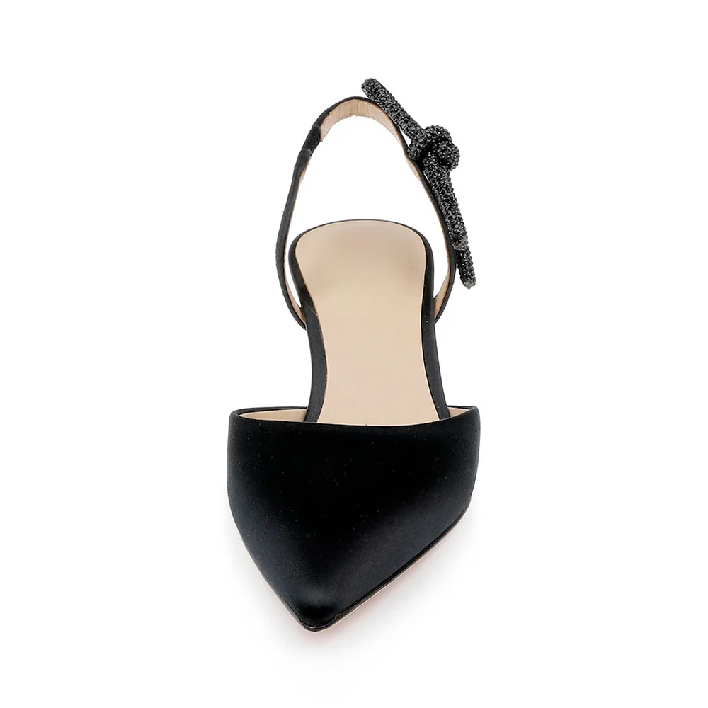 Crystal Draped Bow Kitten Heel Slingback Black Pumps for Women
