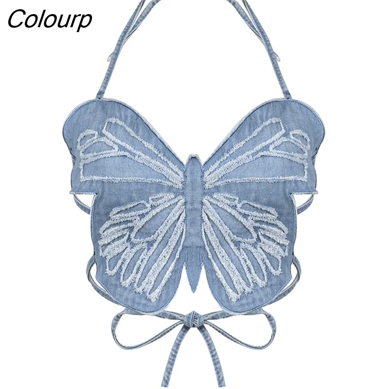 Colourp Butterfly Pattern Bandage Denim Halter Top Sexy Slim Sleeveless Backless Crop Tops Women Summer Spring Ladies Streetwear
