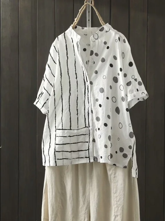 Casual Paneled Short Sleeve Shift Cotton Shirts & Tops