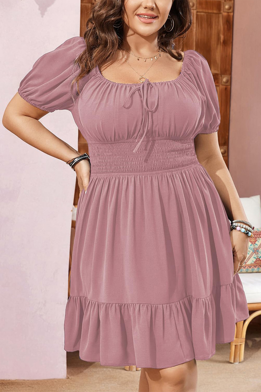 Plus Size Everyday Black Off The Shoulder Puff Sleeve Shirred Waist Ruffle Hem Midi Dress 2024 - Flycurvy 