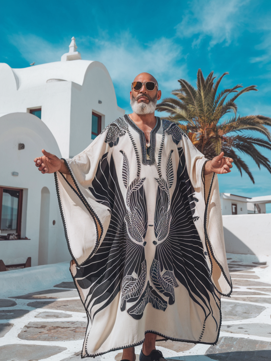 Men's Black Wing Polyester V-Neck Kaftan