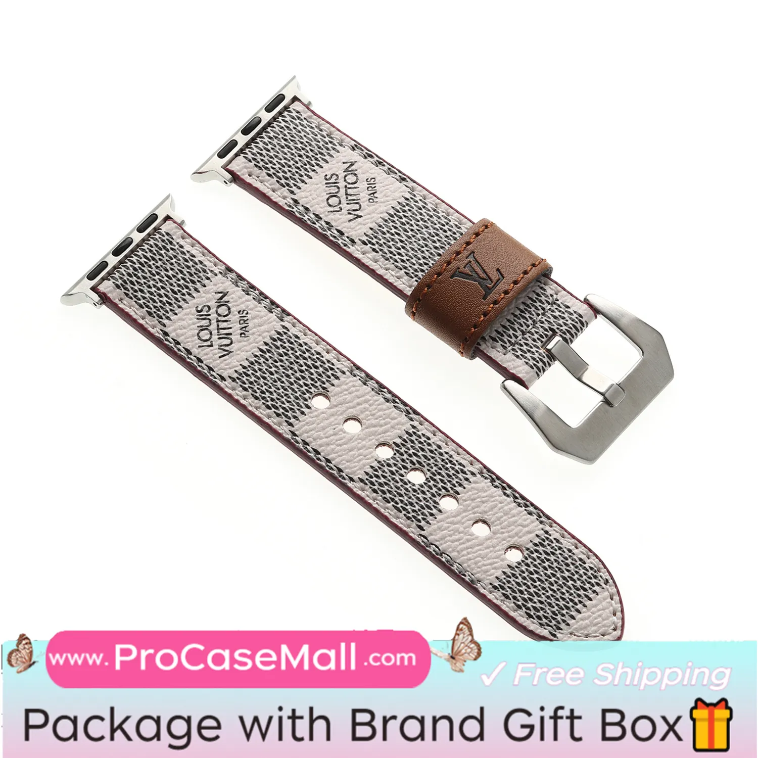 LV Genuine Leather Monogram Canvas Apple Watch Strap Checkerboard Canvas
