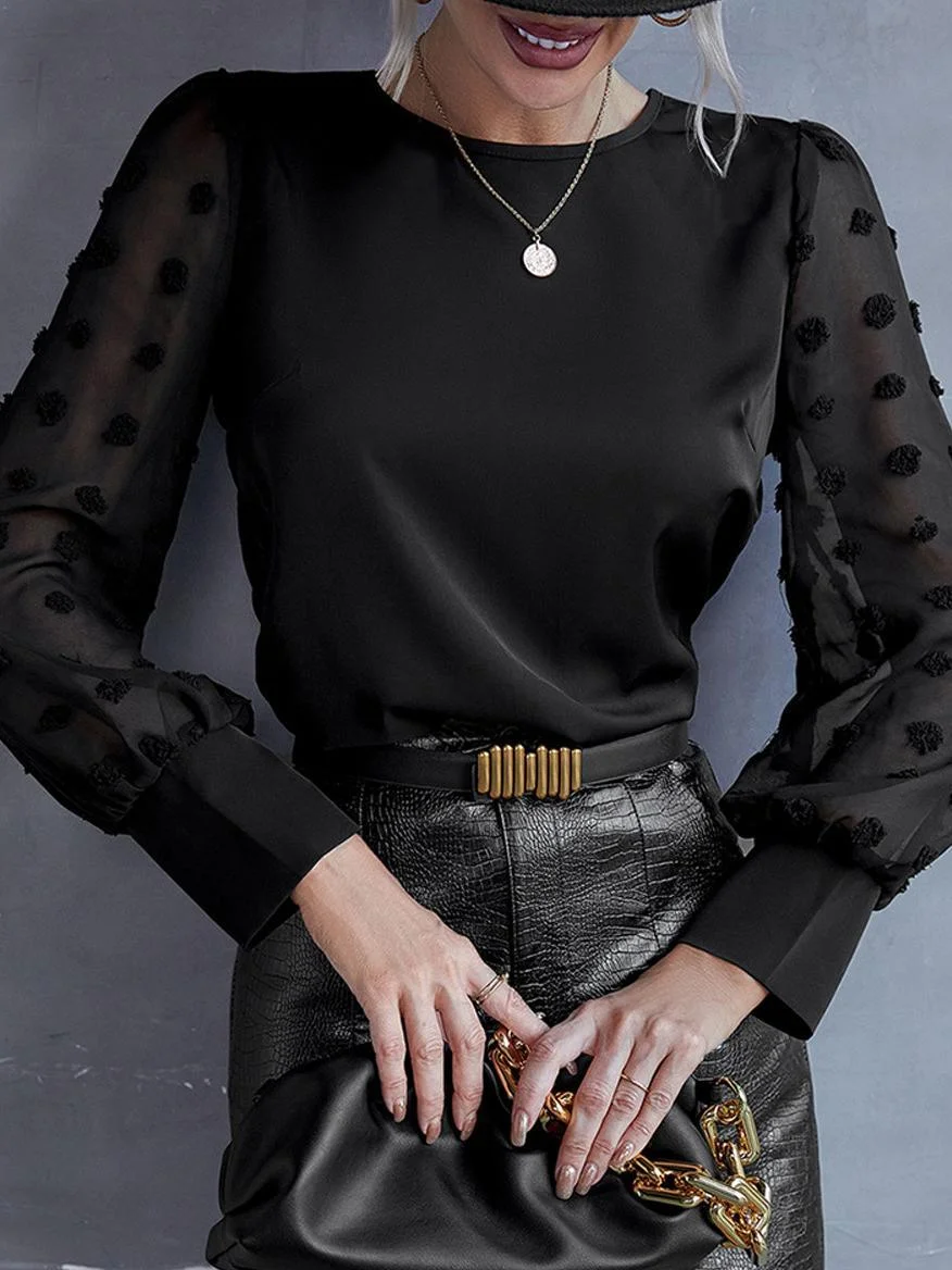 Round Neck Solid Color Polka Dot Long Sleeve T-Shirt