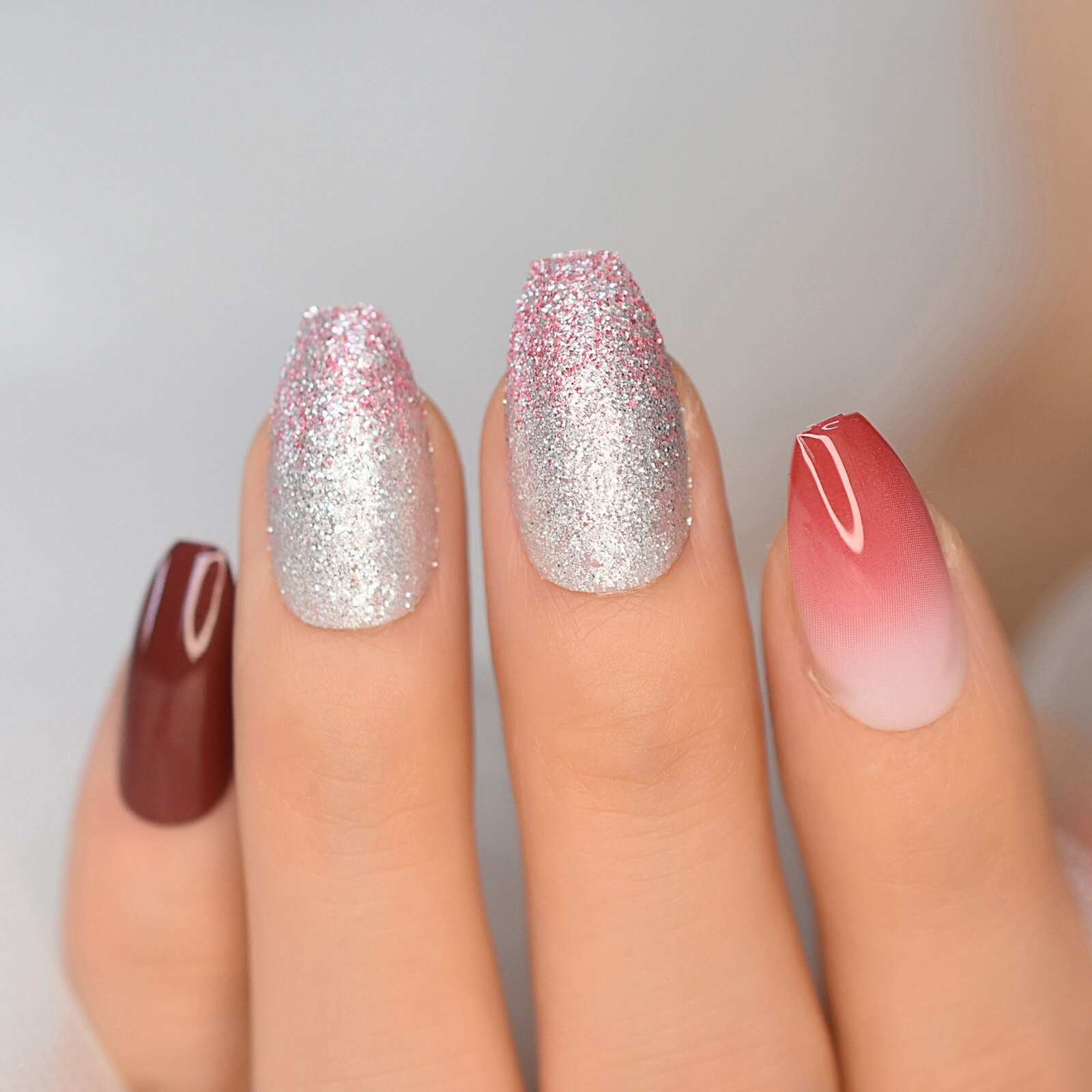 Churchf Ombre Nails Women Nails Fake Metallic Medium Stiletto Nude Pink ...