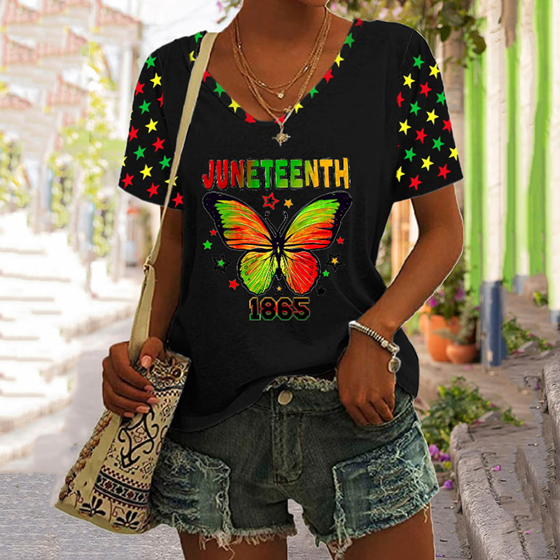 Comstylish Women's Juneteenth Print V Neck T-shirt