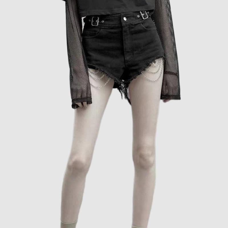 Goth Ripped Denim Shorts With Metal Chains
