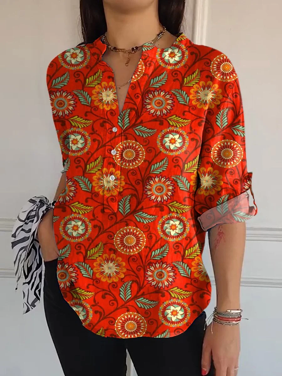 Vintage Summer Floral Pattern Printed Women's  Print Casual Long Sleeve Comfortable Cotton Shirt