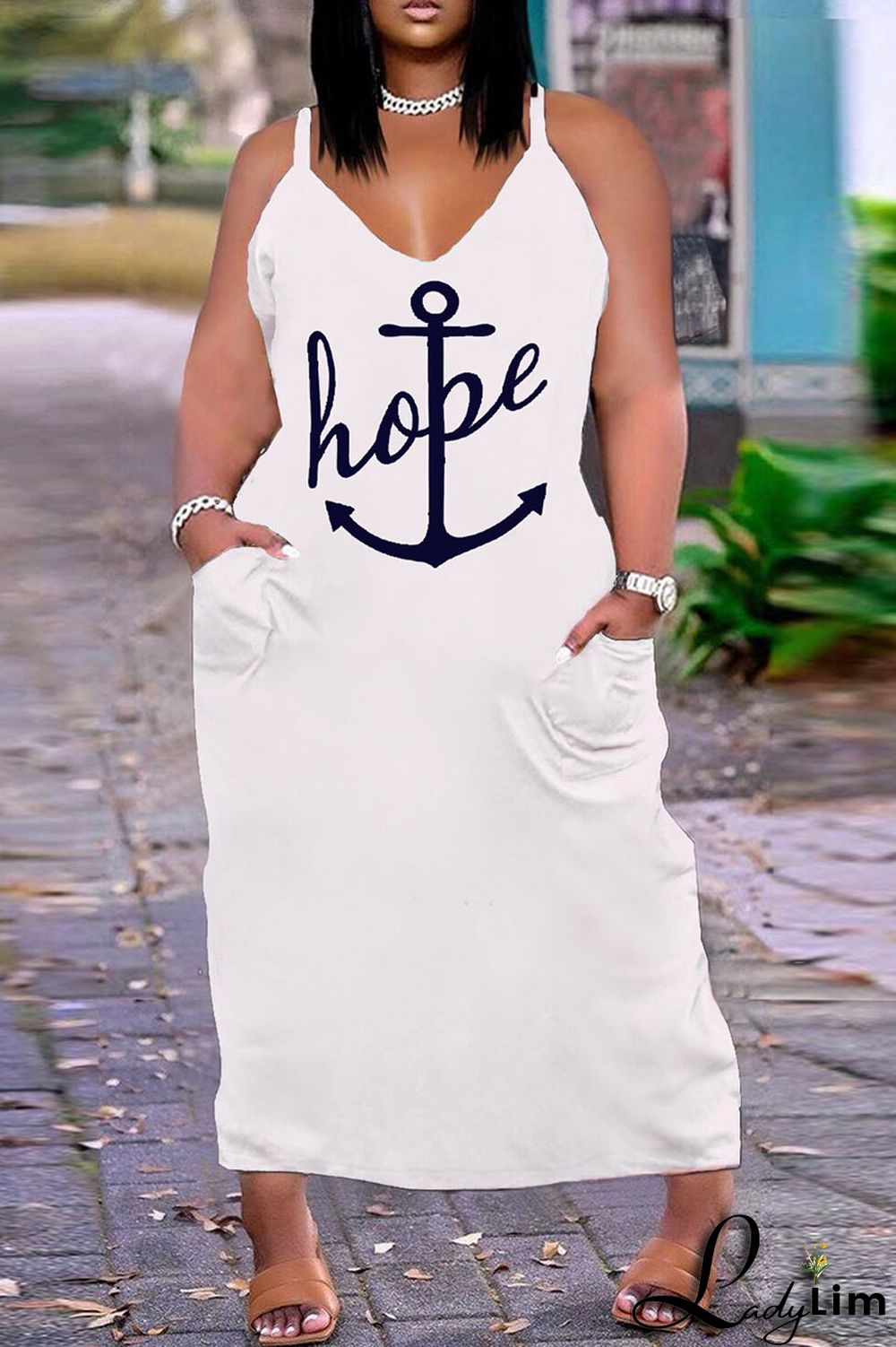 White Orange Sexy Casual Plus Size Print Backless V Neck Sling Dress