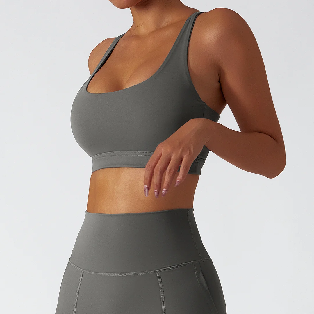 Buy Moonstone Gray eco friendly sustainable recycled fabric high impact racer back sports bra of high quality on Hergymclothing 