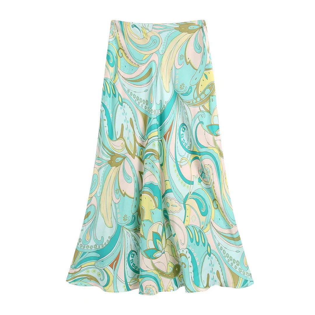 Zevity 2021 Women Vintage Totem Floral Print Casual A Line Skirt Faldas Mujer Female Back Zipper Chic Summer Midi Vestido QUN795