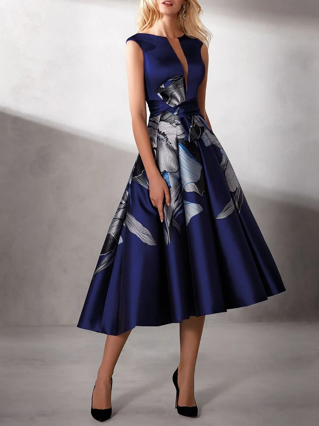 Asymmetric Printed A-Line Prom Party Elegant Backless Midi Dress
