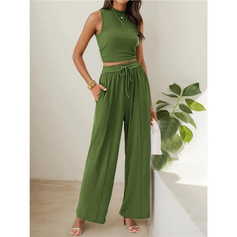 Athvotar Athvotar Summer Knitting Casual Suit Sleeveless Round Collar Short Repair Body Broad Leg Pants Two Sets