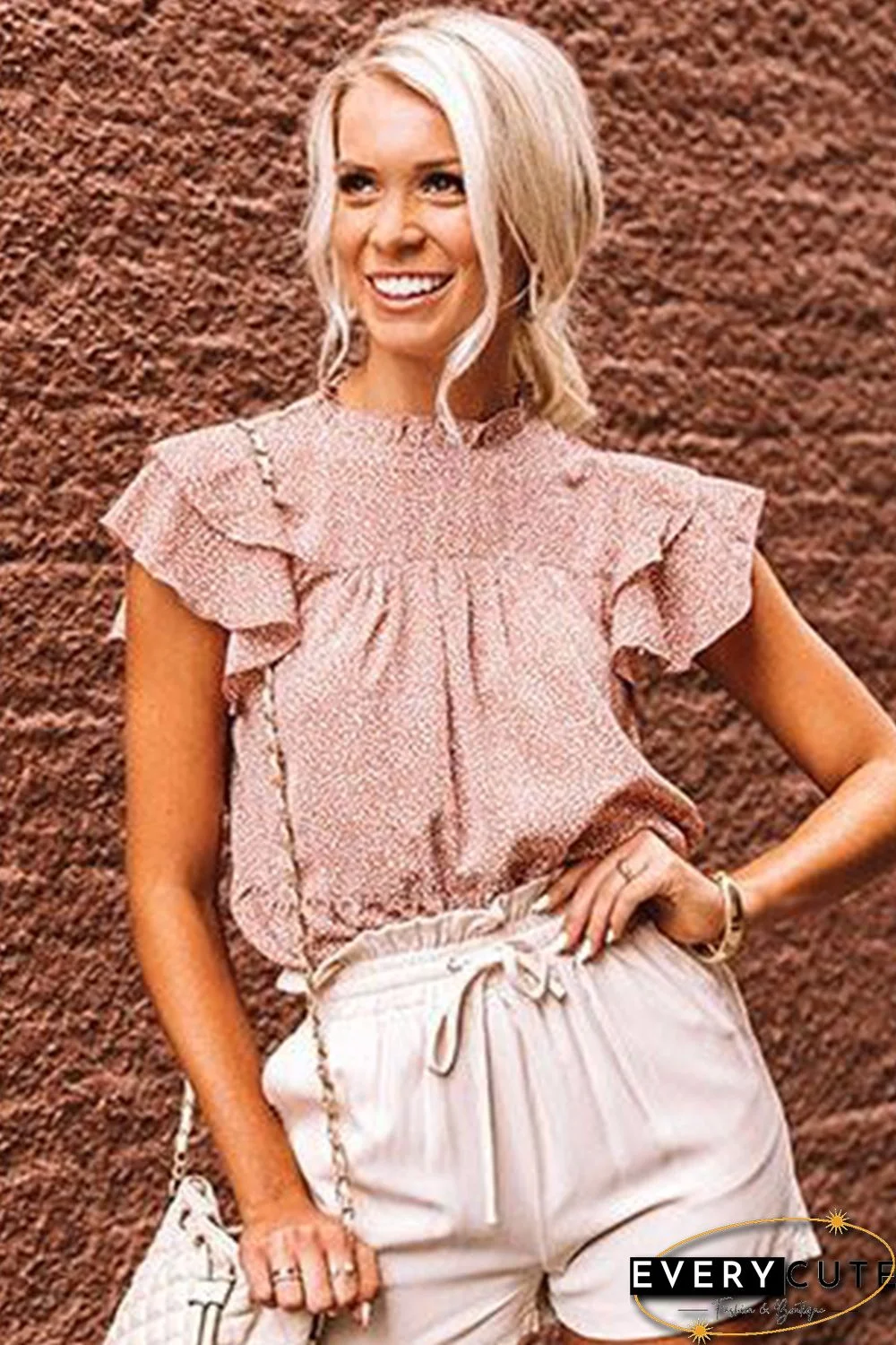 Pink Polka Dot Print Tiered Ruffled Short Sleeve T-shirt