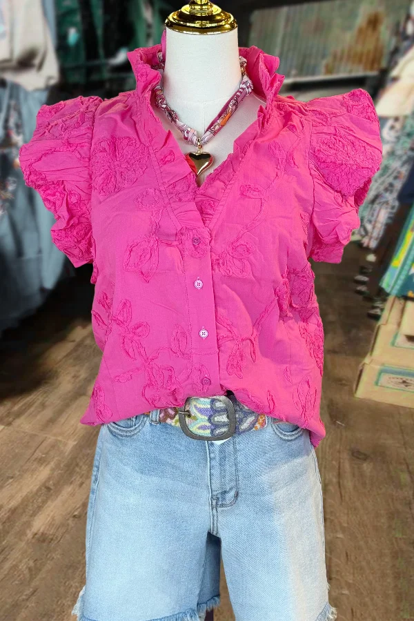 Floral Embroidered Ruffle Sleeve Top