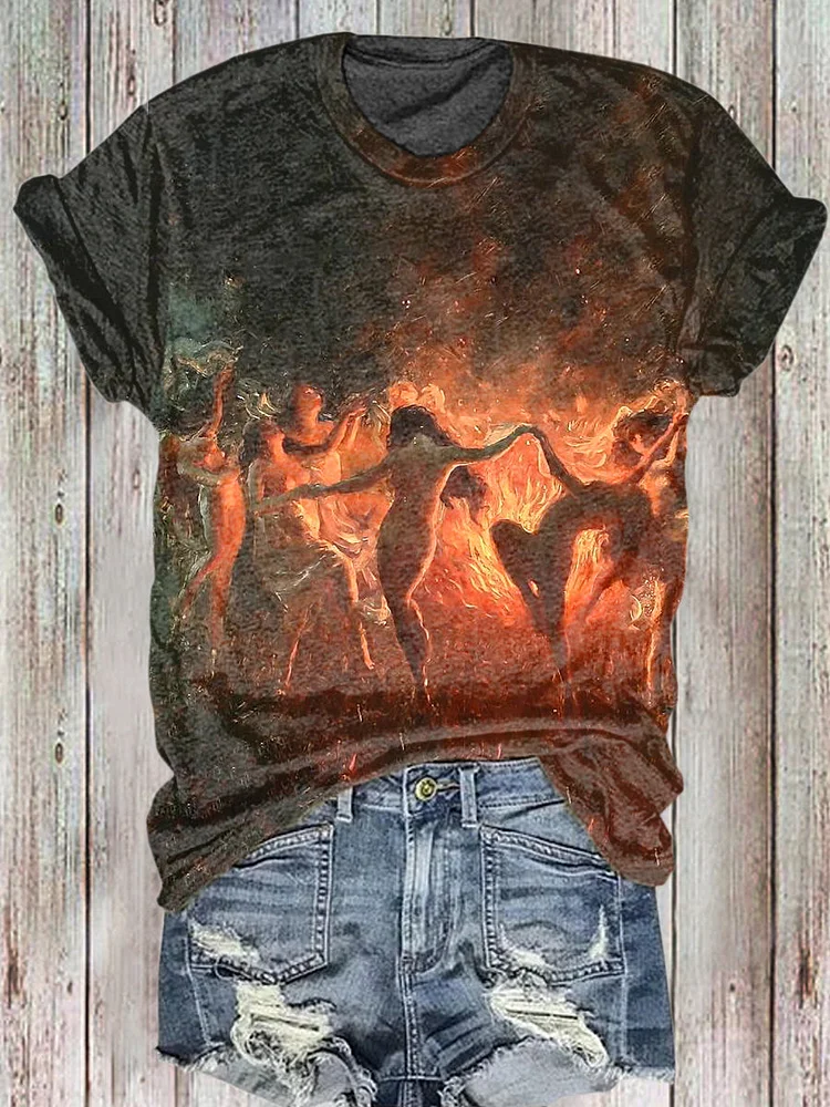 Unisex Fire Dance Art Illustration Casual Round Neck T-Shirt