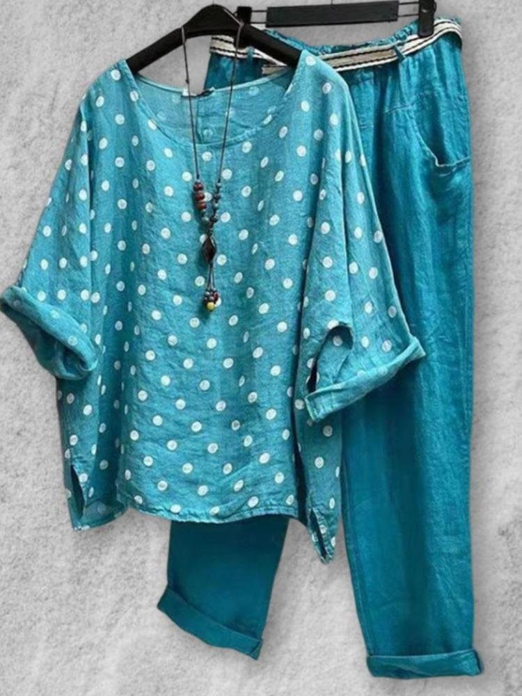 Polka Dots Round Neck Top Two-Piece Set For Women